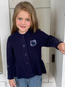 HELLO KITTY | DAZY Sweater Rajut KT Leher Bulat Lengan Panjang Model A-Line untuk Anak Perempuan Musim Gugur - Navy Blue - View 7