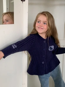 HELLO KITTY | DAZY Sweater Rajut KT Leher Bulat Lengan Panjang Model A-Line untuk Anak Perempuan Musim Gugur - Navy Blue - View 1