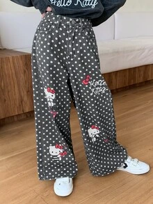 HELLO KITTY | DAZY Straight Leg Cute KT Cat Polka Dot Washed Denim Jeans For Tween Girls Fall - Black - View 8
