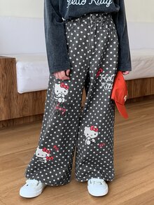HELLO KITTY | DAZY Straight Leg Cute KT Cat Polka Dot Washed Denim Jeans For Tween Girls Fall - Black - View 6