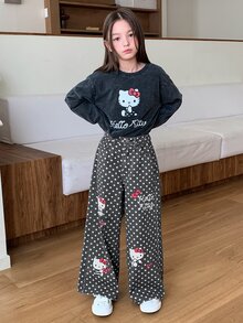 HELLO KITTY | DAZY Straight Leg Cute KT Cat Polka Dot Washed Denim Jeans For Tween Girls Fall - Black - View 1