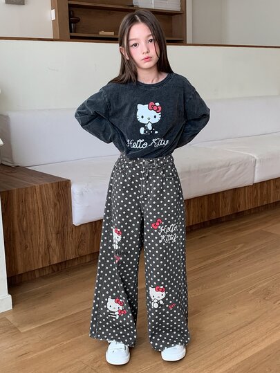 HELLO KITTY | DAZY Straight Leg Cute KT Cat Polka Dot Washed Denim Jeans For Tween Girls Fall