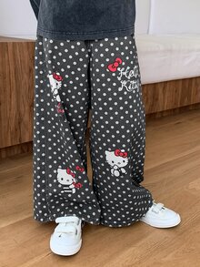 HELLO KITTY | DAZY Straight Leg Cute KT Cat Polka Dot Washed Denim Jeans For Tween Girls Fall - Black - View 5