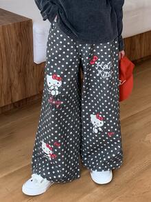 HELLO KITTY | DAZY Straight Leg Cute KT Cat Polka Dot Washed Denim Jeans For Tween Girls Fall - Black - View 7