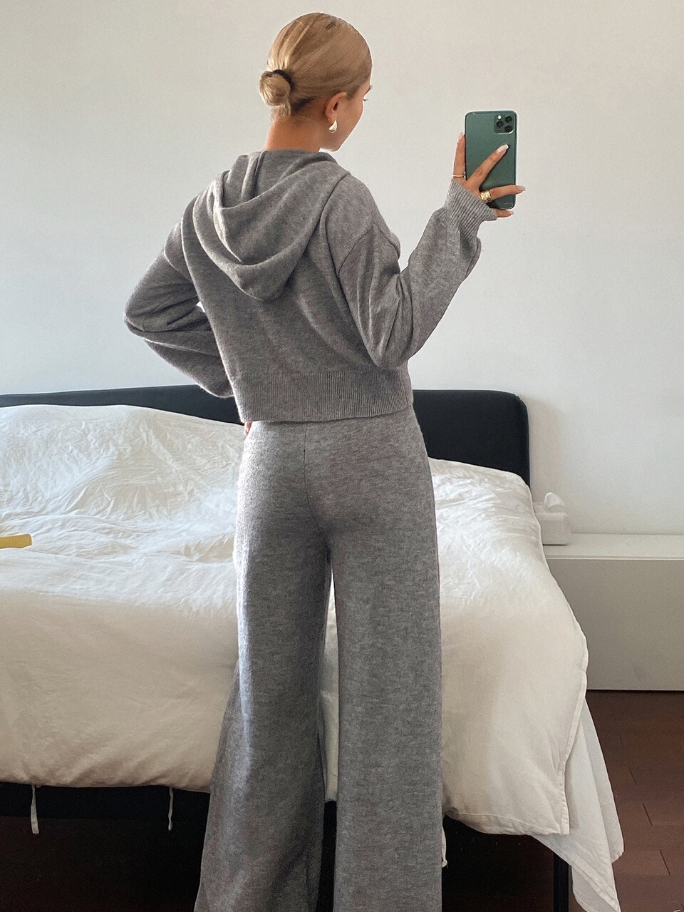 Solid Color Hooded Long Sleeve Zip-Up Sweater And Straight Leg Pants Casual Vacation Elegant Autumn/Winter Sweater Set Women's 2-Piece Outfit