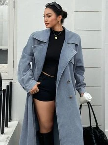 Dazy Plus Vintage Washed Blue Double-Breasted Blogger Casual Long Sleeve Long Coat Denim Jacket Spring Autumn New - Medium Wash - View 1