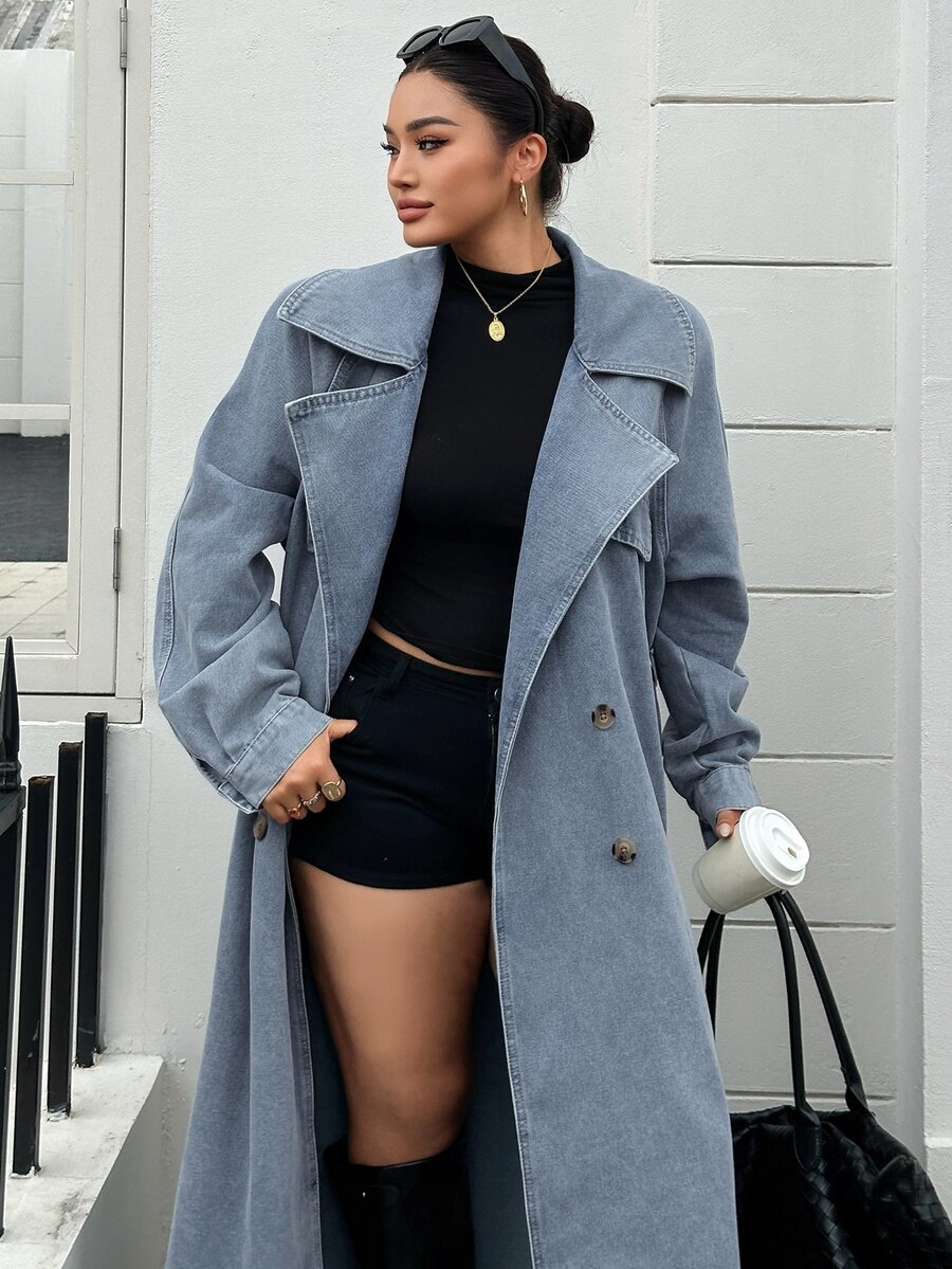 Dazy Plus Vintage Washed Blue Double-Breasted Blogger Casual Long Sleeve Long Coat Denim Jacket Spring Autumn New - Medium Wash - View 1