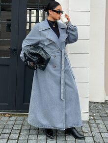 Dazy Plus Vintage Washed Blue Double-Breasted Blogger Casual Long Sleeve Long Coat Denim Jacket Spring Autumn New - Medium Wash - View 5