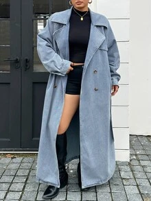 Dazy Plus Vintage Washed Blue Double-Breasted Blogger Casual Long Sleeve Long Coat Denim Jacket Spring Autumn New - Medium Wash - View 7