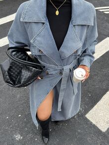 Dazy Plus Vintage Washed Blue Double-Breasted Blogger Casual Long Sleeve Long Coat Denim Jacket Spring Autumn New - Medium Wash - View 9