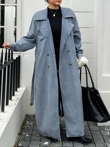 Dazy Plus Vintage Washed Blue Double-Breasted Blogger Casual Long Sleeve Long Coat Denim Jacket Spring Autumn New - Medium Wash - View 6