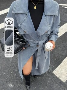Dazy Plus Vintage Washed Blue Double-Breasted Blogger Casual Long Sleeve Long Coat Denim Jacket Spring Autumn New - Medium Wash - View 3