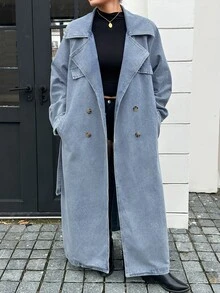 Dazy Plus Vintage Washed Blue Double-Breasted Blogger Casual Long Sleeve Long Coat Denim Jacket Spring Autumn New - Medium Wash - View 8