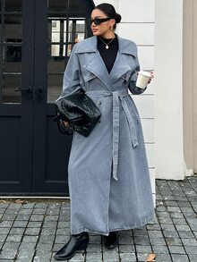 Dazy Plus Vintage Washed Blue Double-Breasted Blogger Casual Long Sleeve Long Coat Denim Jacket Spring Autumn New - Medium Wash - View 4