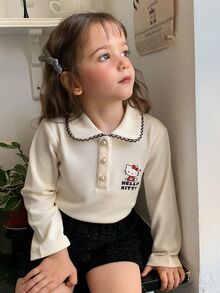 Dazy Kids HELLO KITTY | DAZY Girls' Casual Short Sleeve Pullover T-Shirt With Collar, KT Cat Design, Small Fall - Beige - View 5