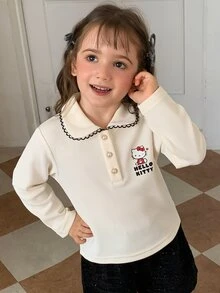 Dazy Kids HELLO KITTY | DAZY Girls' Casual Short Sleeve Pullover T-Shirt With Collar, KT Cat Design, Small Fall - Beige - View 4