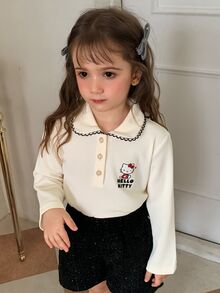 Dazy Kids HELLO KITTY | DAZY Girls' Casual Short Sleeve Pullover T-Shirt With Collar, KT Cat Design, Small Fall - Beige - View 8