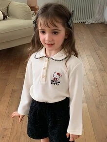 Dazy Kids HELLO KITTY | DAZY Girls' Casual Short Sleeve Pullover T-Shirt With Collar, KT Cat Design, Small Fall - Beige - View 7