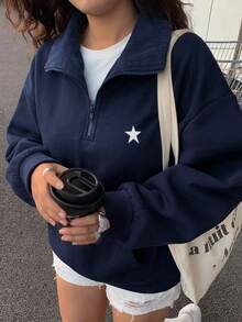 Dazy Plus Thermal Lined Thick Loose Half-Open Front Street Casual Navy Blue Autumn/Winter Sweatshirt - Navy Blue - View 1
