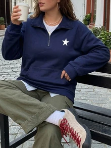 Dazy Plus Thermal Lined Thick Loose Half-Open Front Street Casual Navy Blue Autumn/Winter Sweatshirt - Navy Blue - View 7