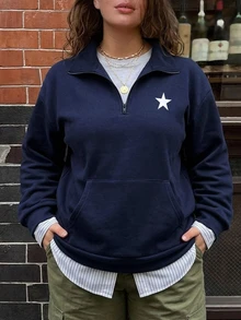 Dazy Plus Thermal Lined Thick Loose Half-Open Front Street Casual Navy Blue Autumn/Winter Sweatshirt - Navy Blue - View 3