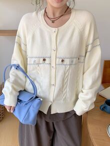 Dazy Plus Girls' Casual Colorblock Cute Jacquard Knit Cardigan Sweater, Autumn/Winter - Apricot - View 7