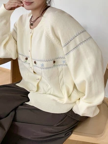 Dazy Plus Girls' Casual Colorblock Cute Jacquard Knit Cardigan Sweater, Autumn/Winter - Apricot - View 1