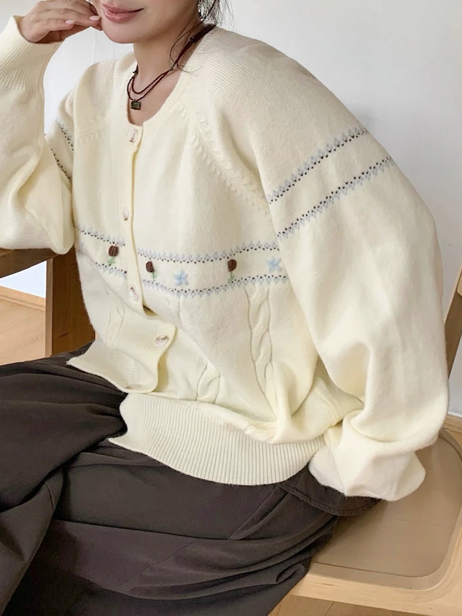 Dazy Plus Girls' Casual Colorblock Cute Jacquard Knit Cardigan Sweater, Autumn/Winter - Apricot - View 1