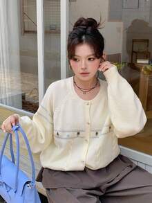 Dazy Plus Girls' Casual Colorblock Cute Jacquard Knit Cardigan Sweater, Autumn/Winter - Apricot - View 8