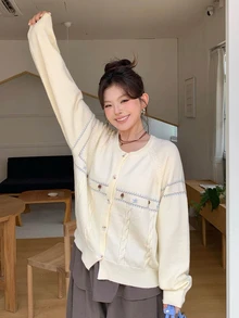 Dazy Plus Girls' Casual Colorblock Cute Jacquard Knit Cardigan Sweater, Autumn/Winter - Apricot - View 6