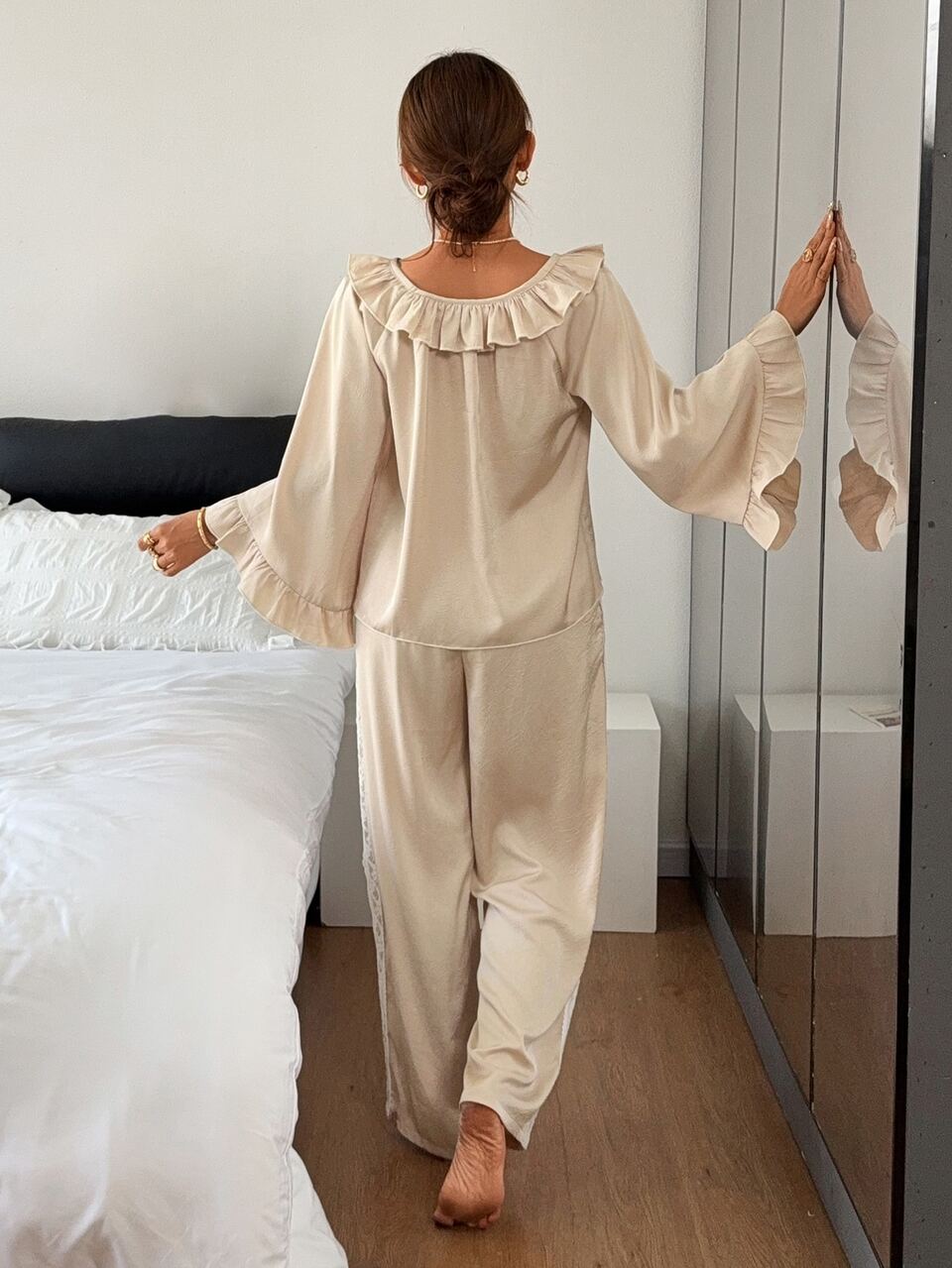 Autumn Elegant Ruffle Lace Patchwork Loose Women's Pajama Set