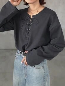 FRIFUL Lace Up Front Drop Shoulder Tee Fall - Grey - View 1