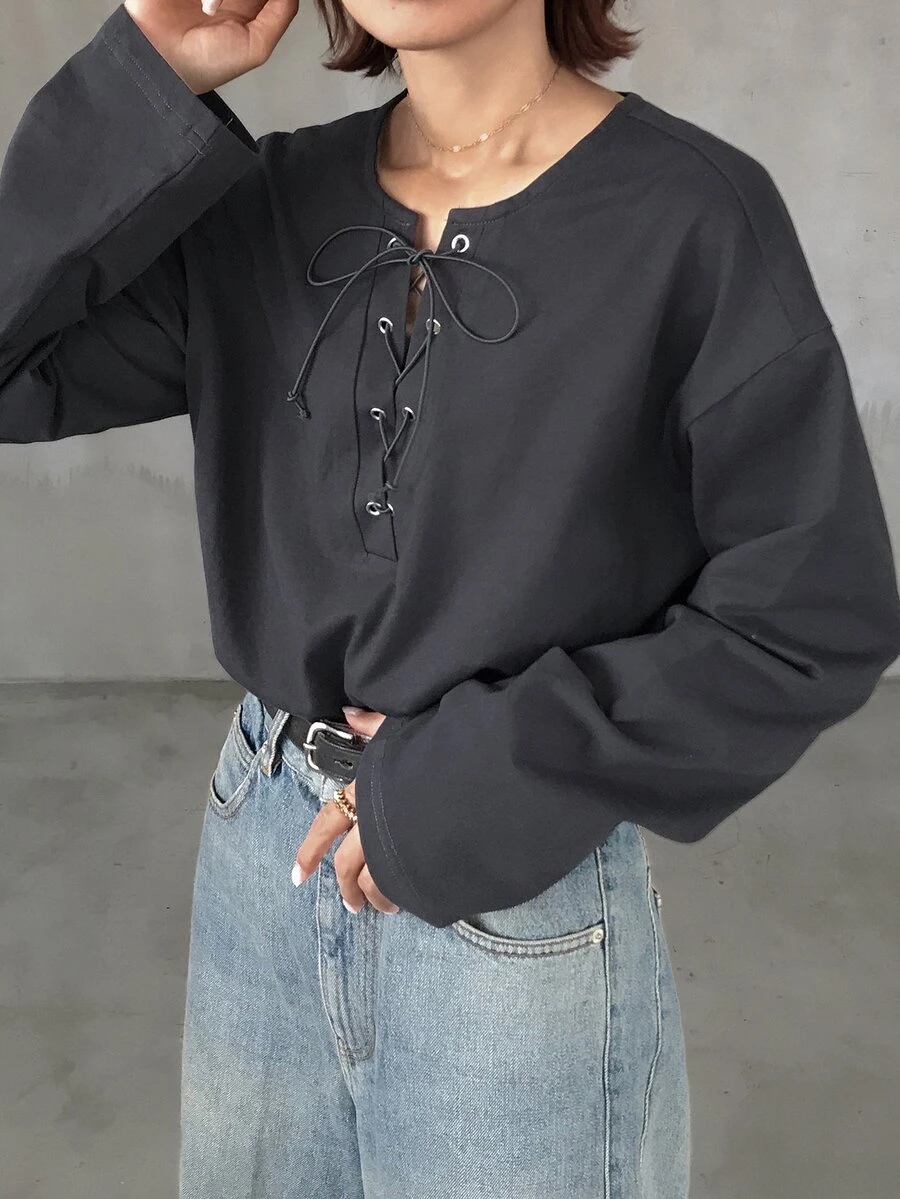 FRIFUL Lace Up Front Drop Shoulder Tee Fall - Grey - View 1