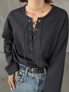 FRIFUL Lace Up Front Drop Shoulder Tee Fall - Grey - View 8