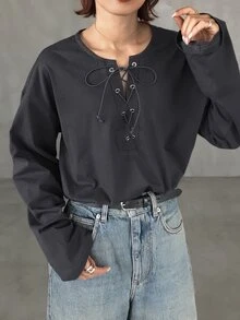 FRIFUL Lace Up Front Drop Shoulder Tee Fall - Grey - View 4