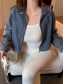 Dazy Plus Vintage Washed Denim Zip-Up Collar Cropped Denim Jacket And Outerwear For Spring, Summer, Autumn - Medium Wash - View 2