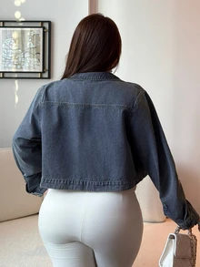 Dazy Plus Vintage Washed Denim Zip-Up Collar Cropped Denim Jacket And Outerwear For Spring, Summer, Autumn - Medium Wash - View 4