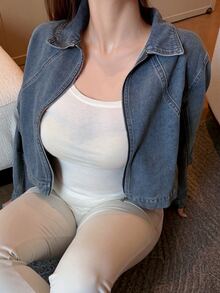 Dazy Plus Vintage Washed Denim Zip-Up Collar Cropped Denim Jacket And Outerwear For Spring, Summer, Autumn - Medium Wash - View 5