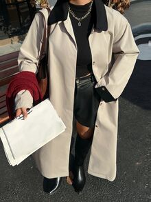 Dazy Plus Color Block Patchwork Lapel Collar Blogger Casual Spring/Autumn New Long Trench Coat Jacket - Camel - View 6