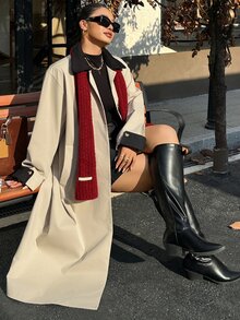 Dazy Plus Color Block Patchwork Lapel Collar Blogger Casual Spring/Autumn New Long Trench Coat Jacket - Camel - View 2