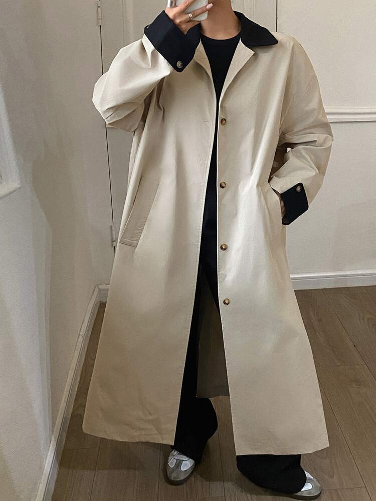 Dazy Plus Color Block Patchwork Lapel Collar Blogger Casual Spring/Autumn New Long Trench Coat Jacket - Camel - View 1