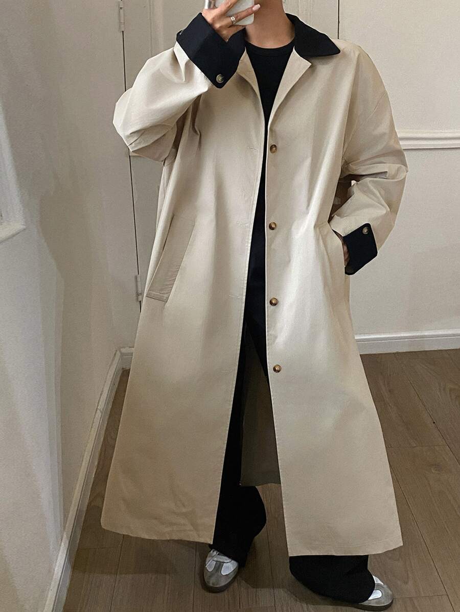 Dazy Plus Color Block Patchwork Lapel Collar Blogger Casual Spring/Autumn New Long Trench Coat Jacket - Camel - View 1