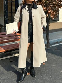 Dazy Plus Color Block Patchwork Lapel Collar Blogger Casual Spring/Autumn New Long Trench Coat Jacket - Camel - View 8