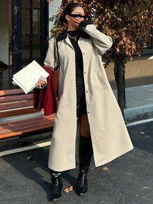 Dazy Plus Color Block Patchwork Lapel Collar Blogger Casual Spring/Autumn New Long Trench Coat Jacket - Camel - View 7