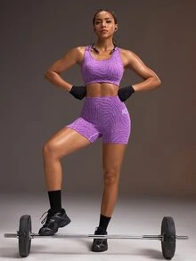 Powerista Women's Summer And Spring Stylish Purple Seamless Zebra Print Workout Set With Strappy Back Sports Bra And Cycling Shorts Suitable To Sport And Gym - Purple - View 10