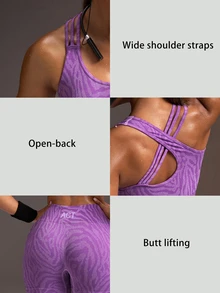 Powerista Women's Summer And Spring Stylish Purple Seamless Zebra Print Workout Set With Strappy Back Sports Bra And Cycling Shorts Suitable To Sport And Gym - Purple - View 5