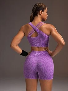 Powerista Women's Summer And Spring Stylish Purple Seamless Zebra Print Workout Set With Strappy Back Sports Bra And Cycling Shorts Suitable To Sport And Gym - Purple - View 8