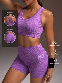 Powerista Women's Summer And Spring Stylish Purple Seamless Zebra Print Workout Set With Strappy Back Sports Bra And Cycling Shorts Suitable To Sport And Gym - Purple - View 3