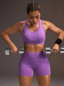 Powerista Women's Summer And Spring Stylish Purple Seamless Zebra Print Workout Set With Strappy Back Sports Bra And Cycling Shorts Suitable To Sport And Gym - Purple - View 9