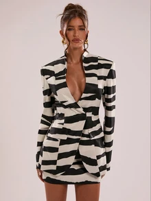 SHEIN BAE Zebra Print Low Cut Blazer Skirt Set For Women Fall 2026 Sexy Slim Fit Long Sleeve Blazer And Mini Skirt Animal Print Two Piece - Black and White - View 8